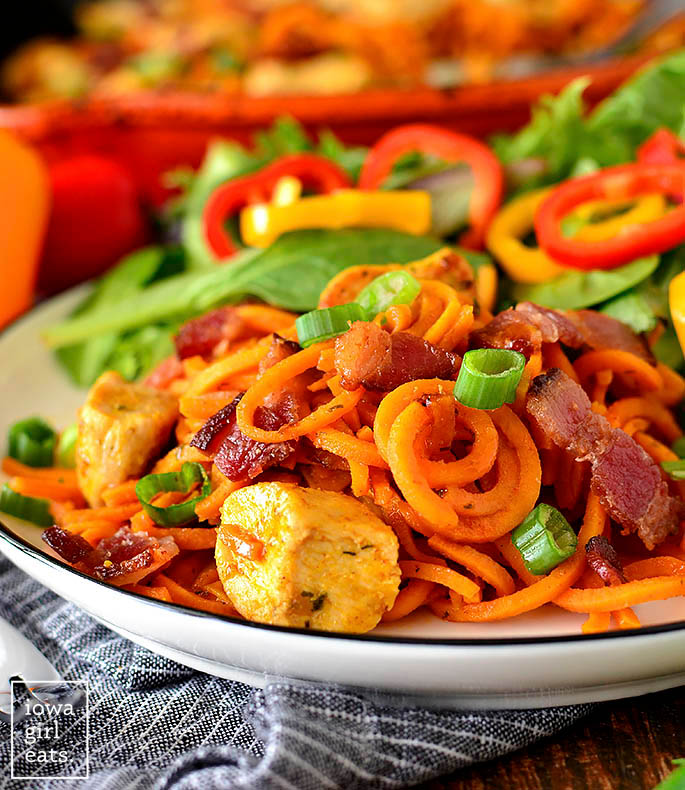 sweet potato noodles with chicken and bacon