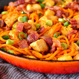 Buffalo Chicken, Bacon and Sweet Potato Noodle Skillet
