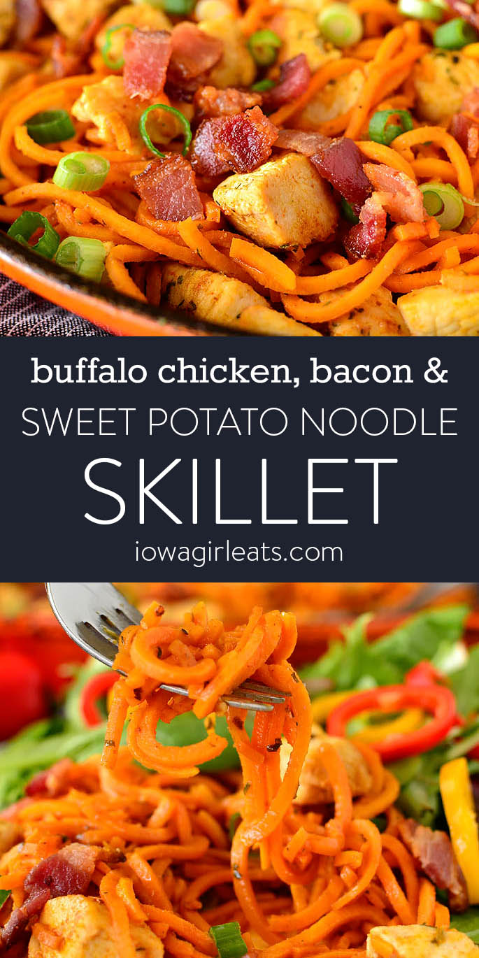 Photo collage of buffalo chicken, bacon, and sweet potato noodle skillet