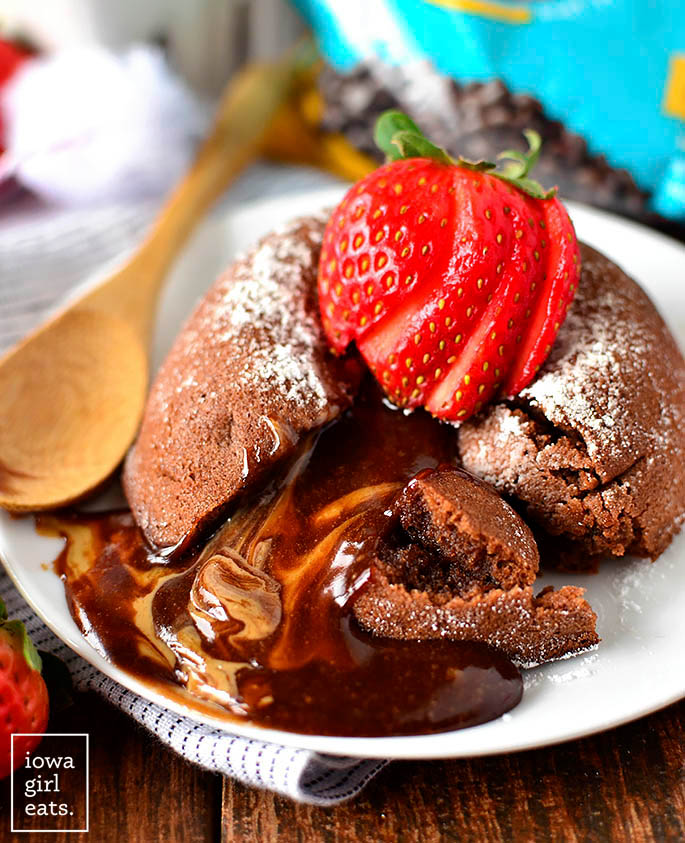 molten chocolate and peanut butter spilling out of a lava cake