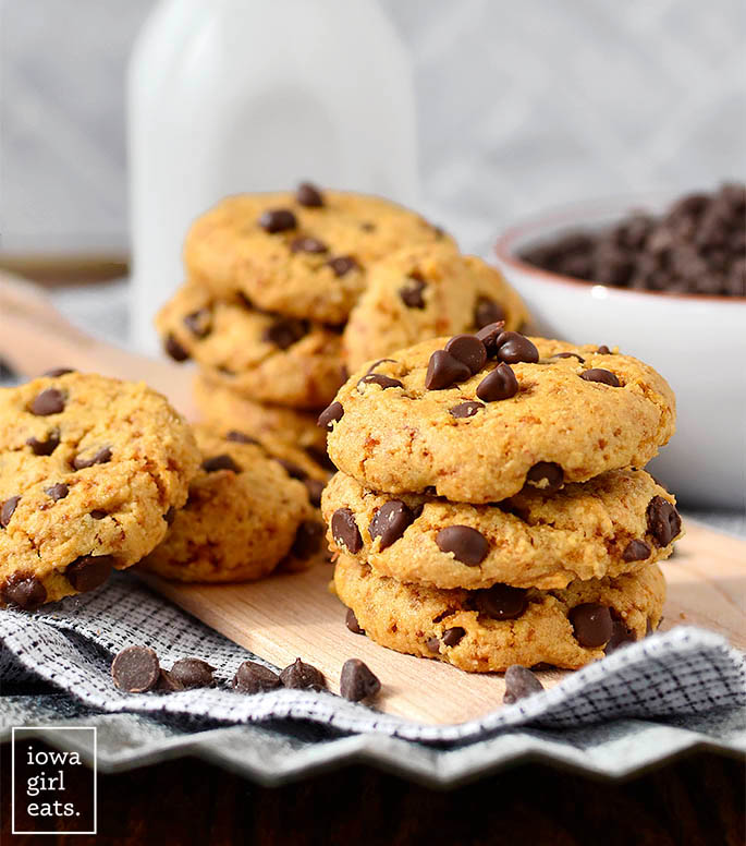stack of almond flour chocolate chip cookies on a cookie platter
