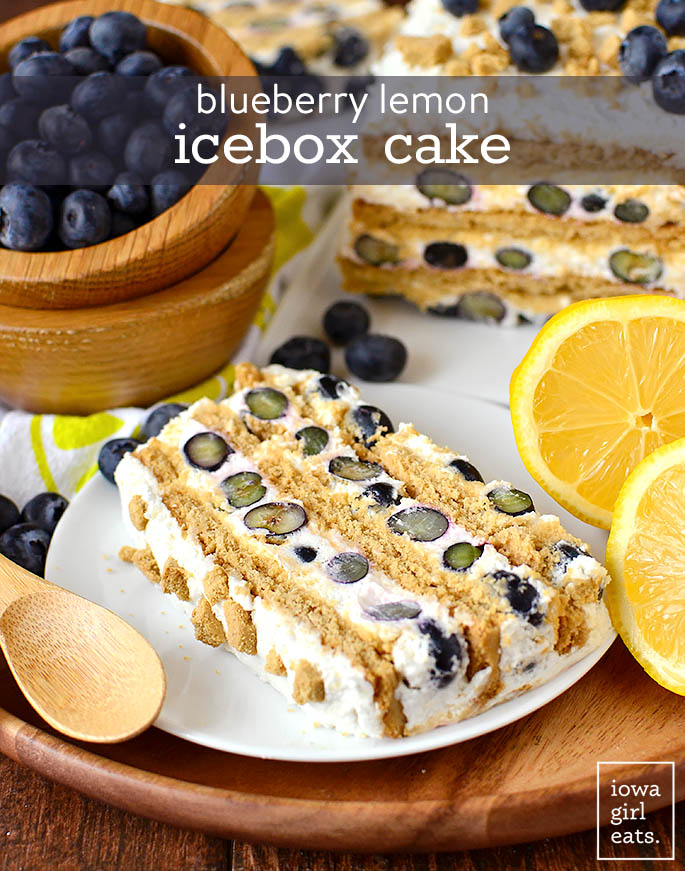 a slice of blueberry lemon icebox cake on a plate