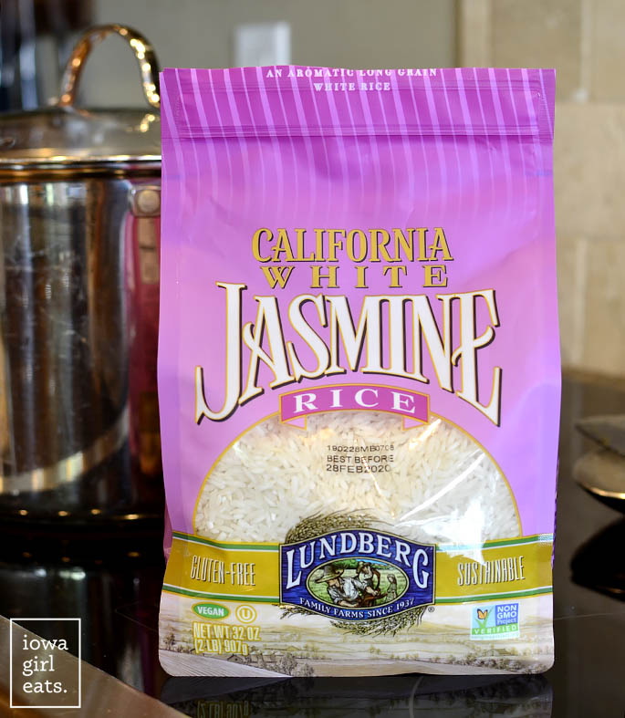 bag of jasmine rice on the stovetop