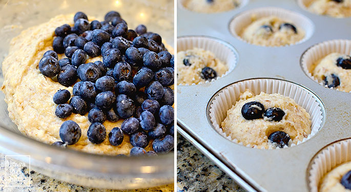 Side by side photos of blueberries in muffin batter and batter in muffin tin
