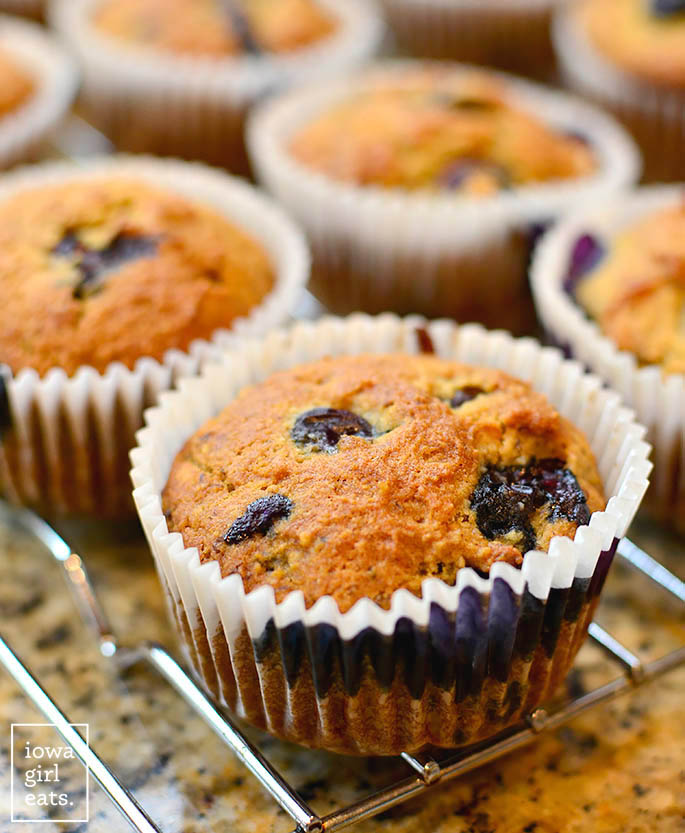 almond flour blueberry muffins on a cooling rack