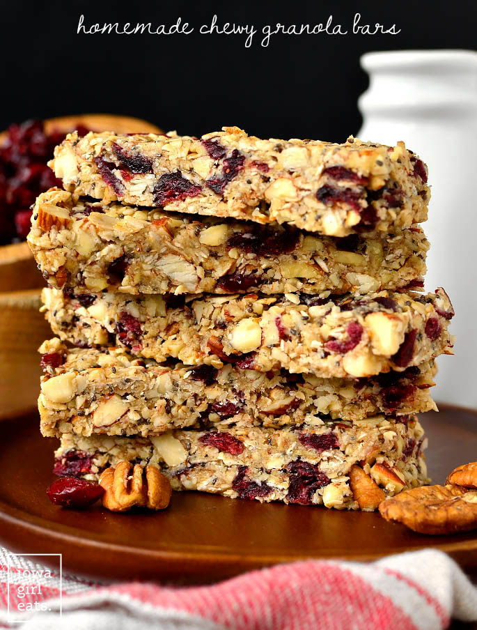 homemade chewy granola bars stacked on top of each other