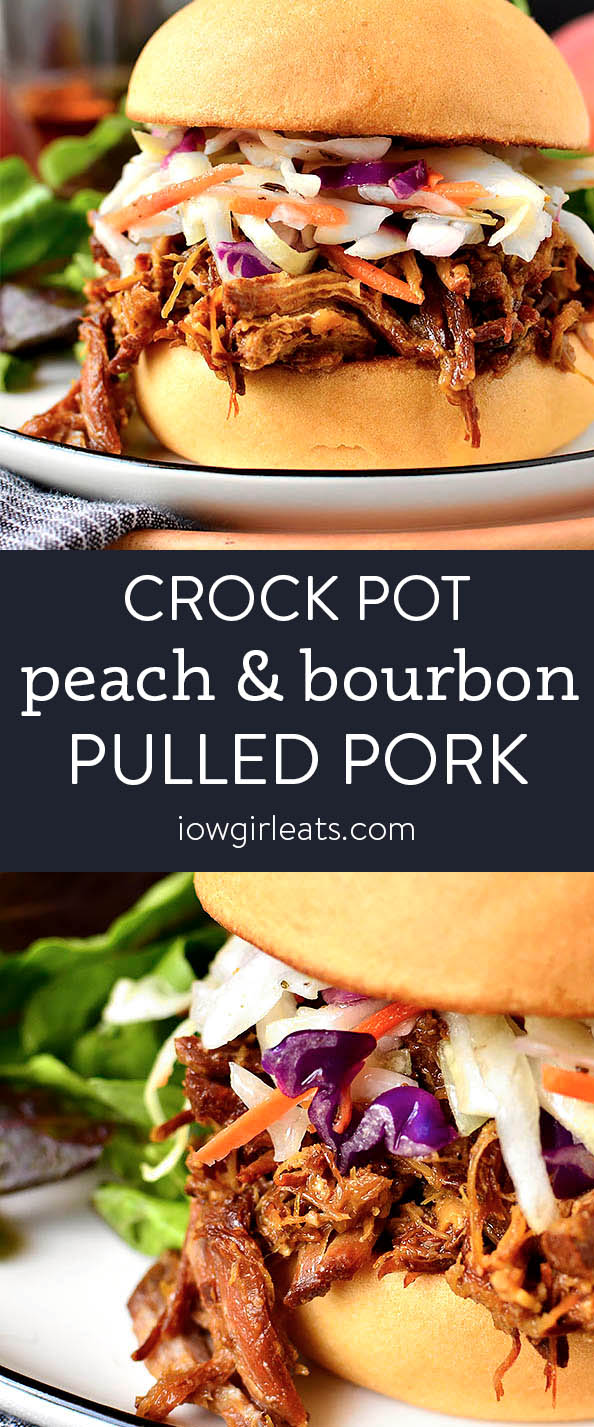 Photo collage of crock pot peach and bourbon pulled pork