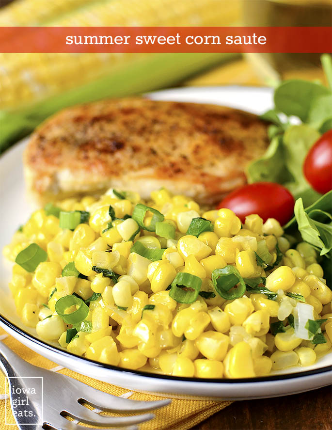 Plate of chicken, salad, and Summer Sweet Corn Saute