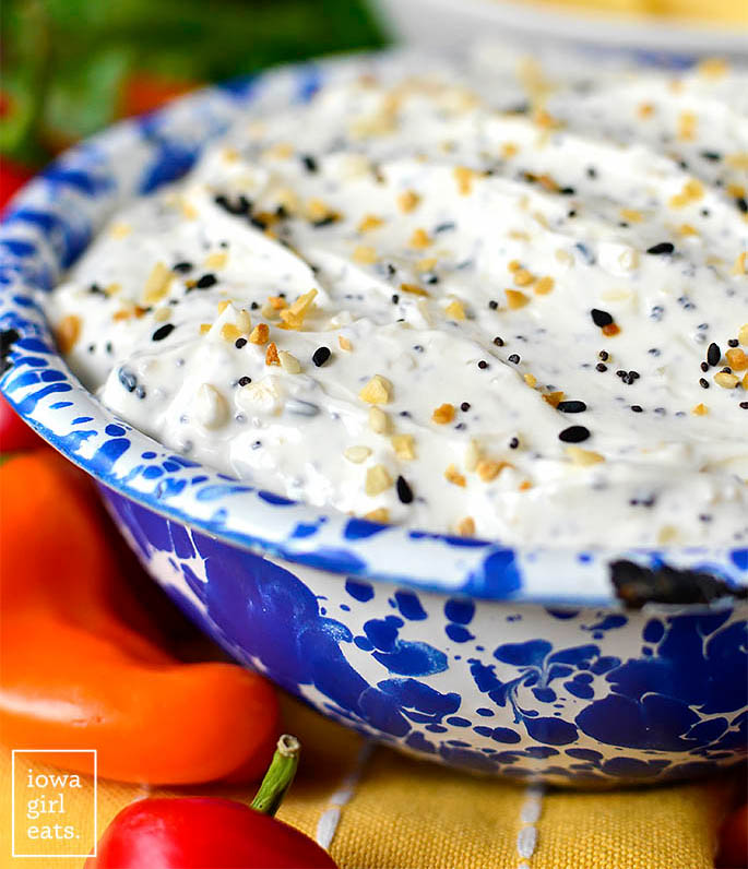 Close up photo of a bowl of Copycat Trader Joe's Everything But the Bagel Dip