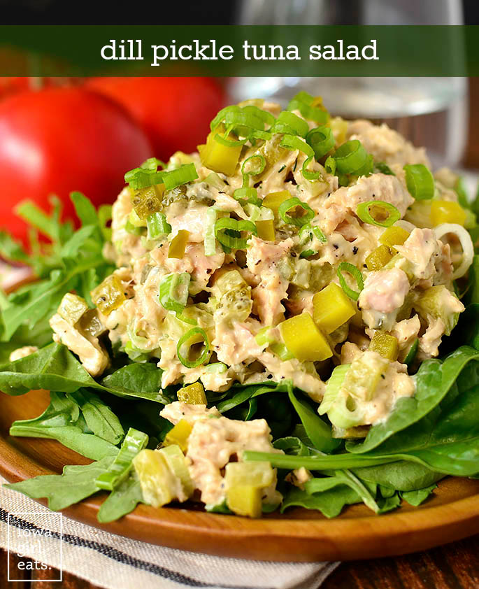 Dill Pickle Tuna Salad over lettuce.