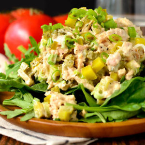 dill pickle tuna salad on lettuce on a plate
