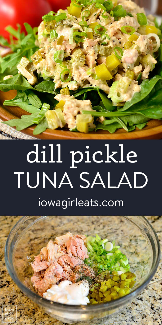 Photo collage of dill pickle tuna salad