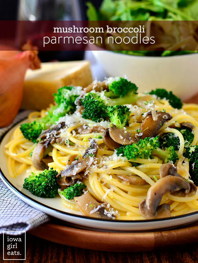 Mushroom and broccoli parmesan noodles on a plate