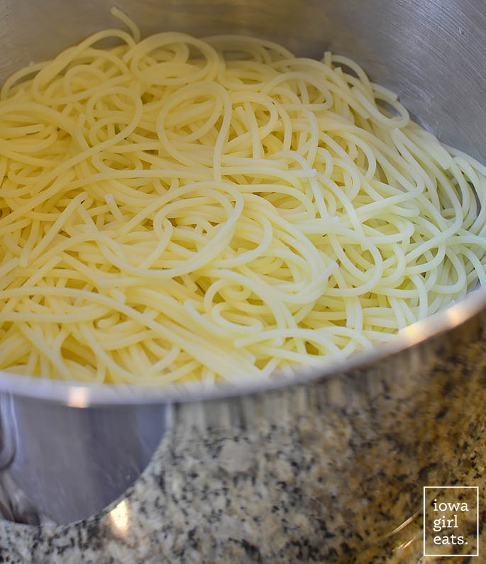 cooked pasta noodles in a pot