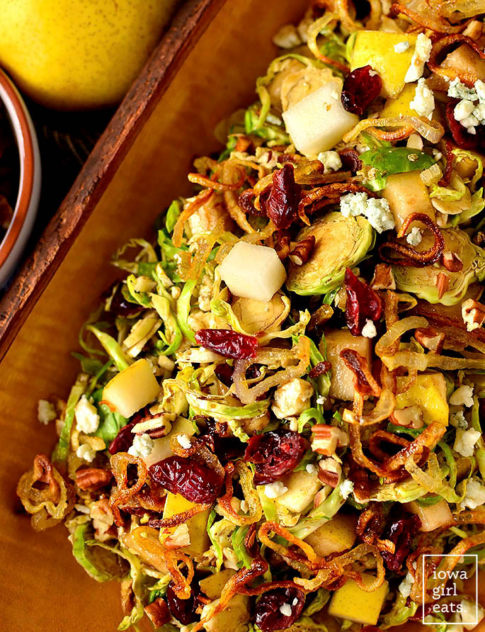 Overhead photo of Fall Shredded Brussels Sprouts Salad in a serving bowl