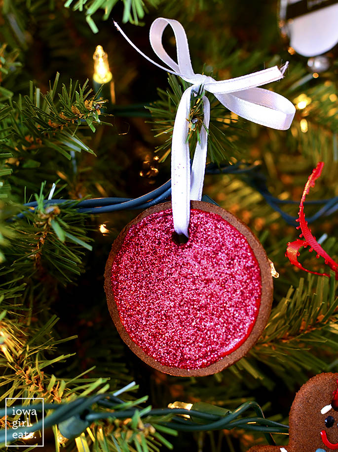 Easy Cinnamon Ornaments decorated with red glitter