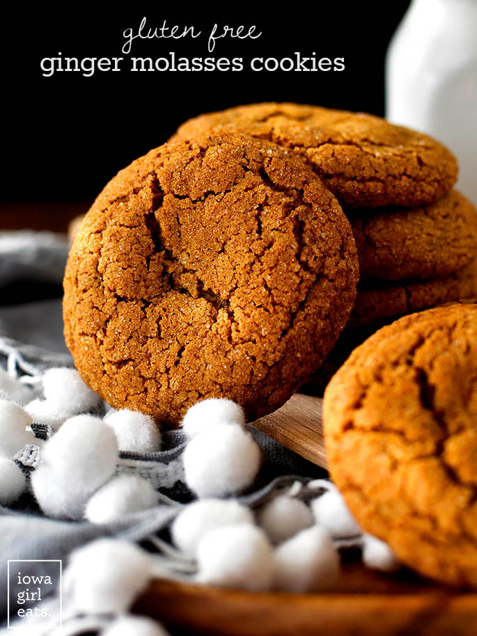 A Gluten Free Ginger Molasses Cookie propped against a stack of cookies.