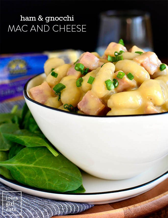 Large bowl of Ham and Gnocchi Mac and Cheese