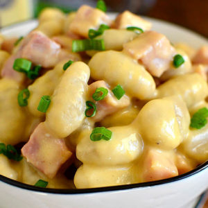 ham and gnocchi mac and cheese in a bowl