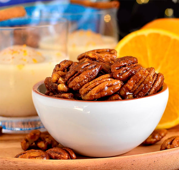 Orange Candied Pecans with Spiked Eggnog