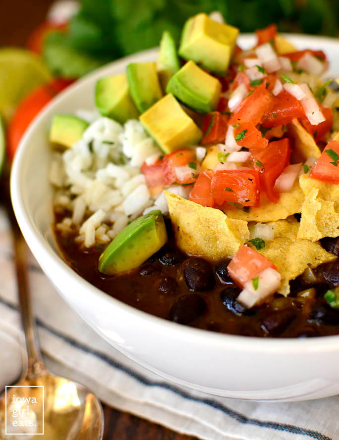 Black Bean Soup topped with toppings