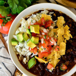 Black Bean Soup in a bowl with toppings