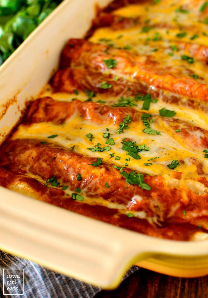 Cheese Enchiladas with homemade Red Sauce in a casserole dish