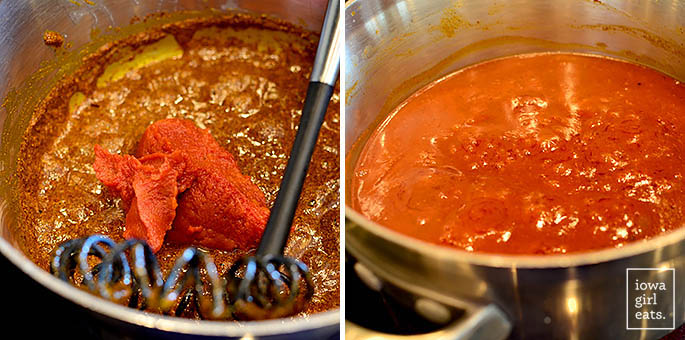 Homemade red enchilada sauce in a pan