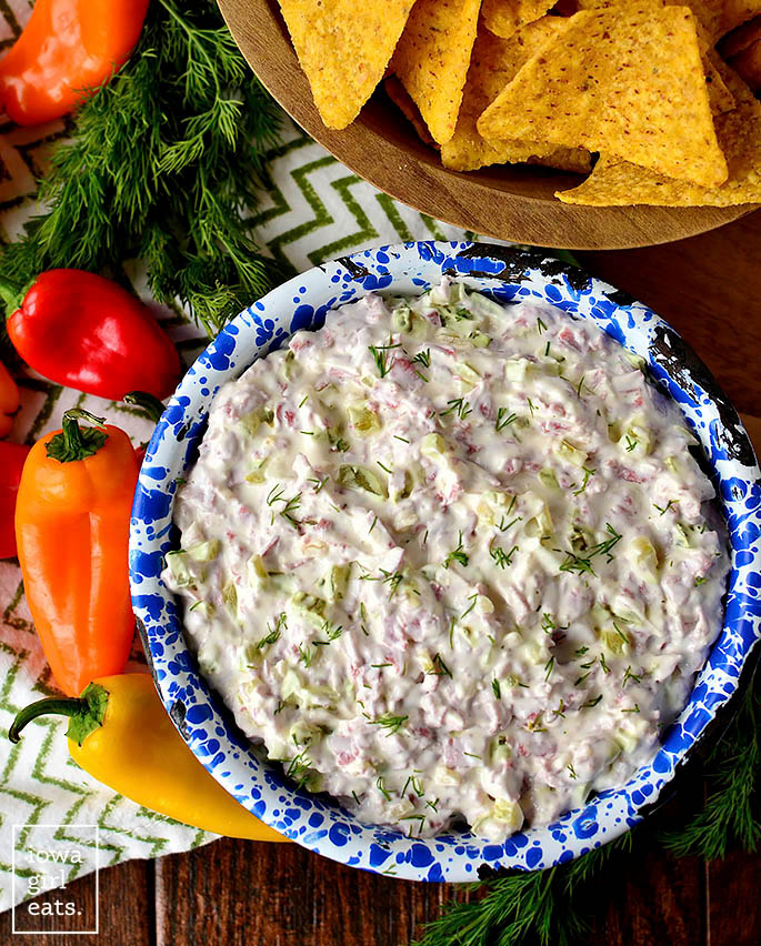 Overhead photo of creamy pickle dip in a bowl