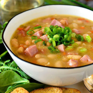 ham and bean soup in a big soup bowl