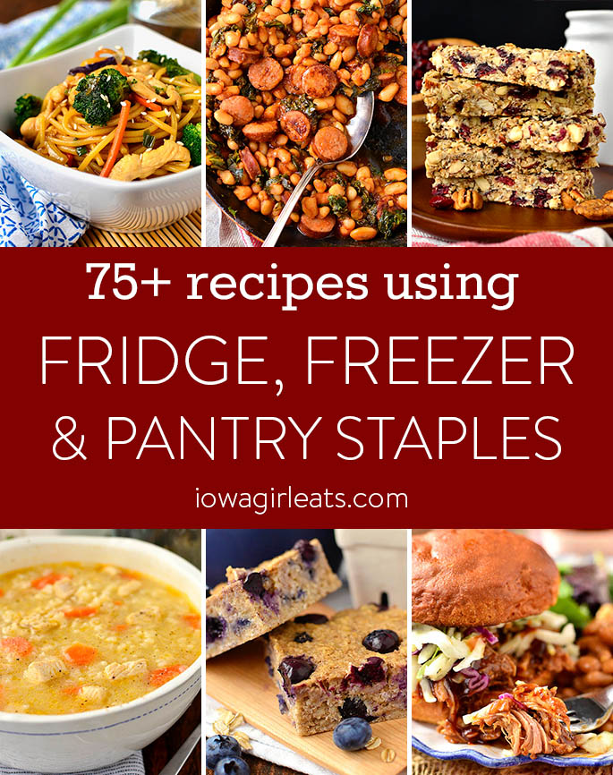 Photo collage of recipes you can make with ingredients in your fridge, freezer or pantry