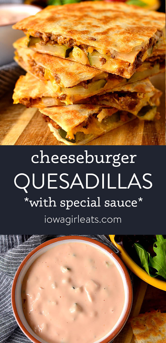 Photo collage of cheeseburger quesadillas
