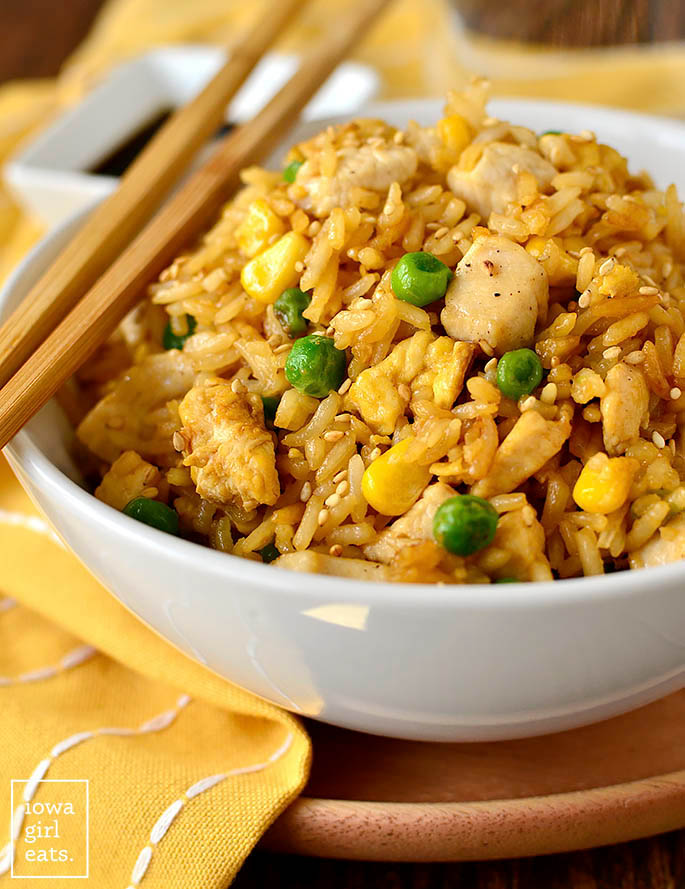 Bowl of Easy Chicken Fried Rice with chopsticks