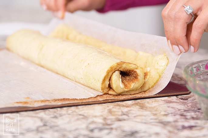rolling gluten free cinnamon roll dough