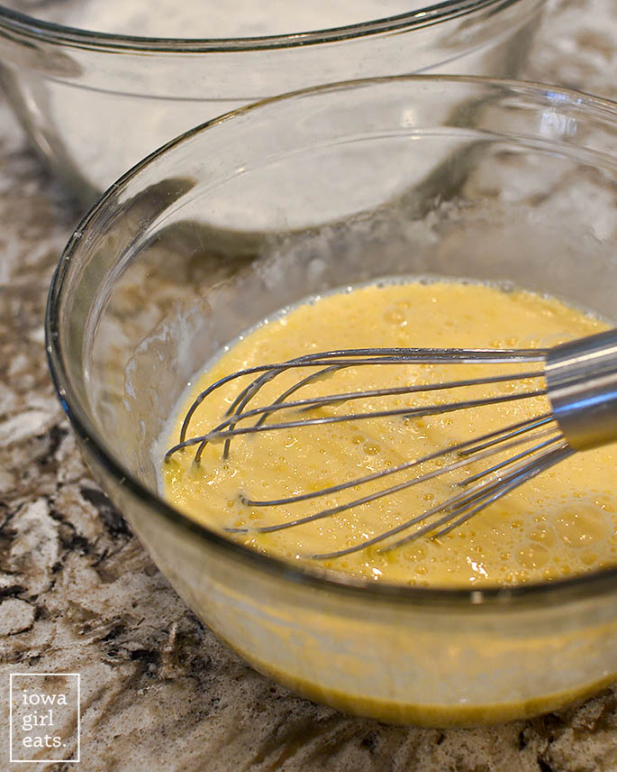 gluten free pancake batter in a mixing bowl