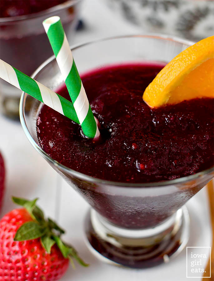 close up view of sangria slushie in a glass