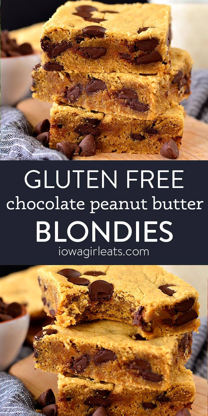 Photo collage of gluten free chocolate peanut butter blondies