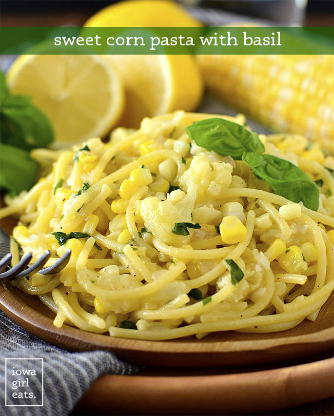 Plate of Creamy Sweet Corn Pasta with Basil