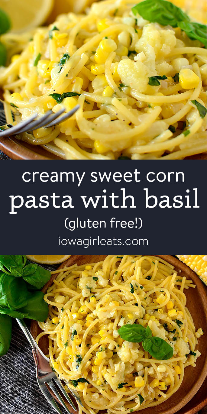Photo collage of creamy sweet corn pasta
