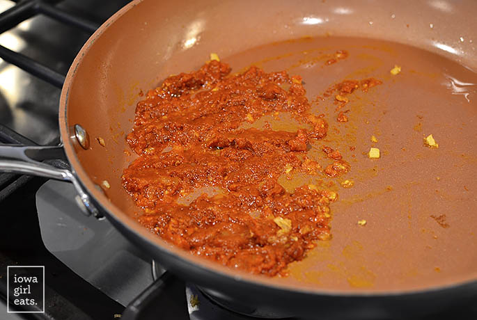 red curry paste in a skillet