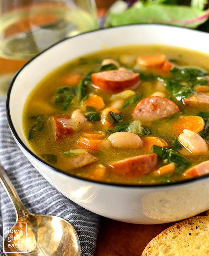 Bowl of Smoked Sausage, White Bean and Spinach Soup