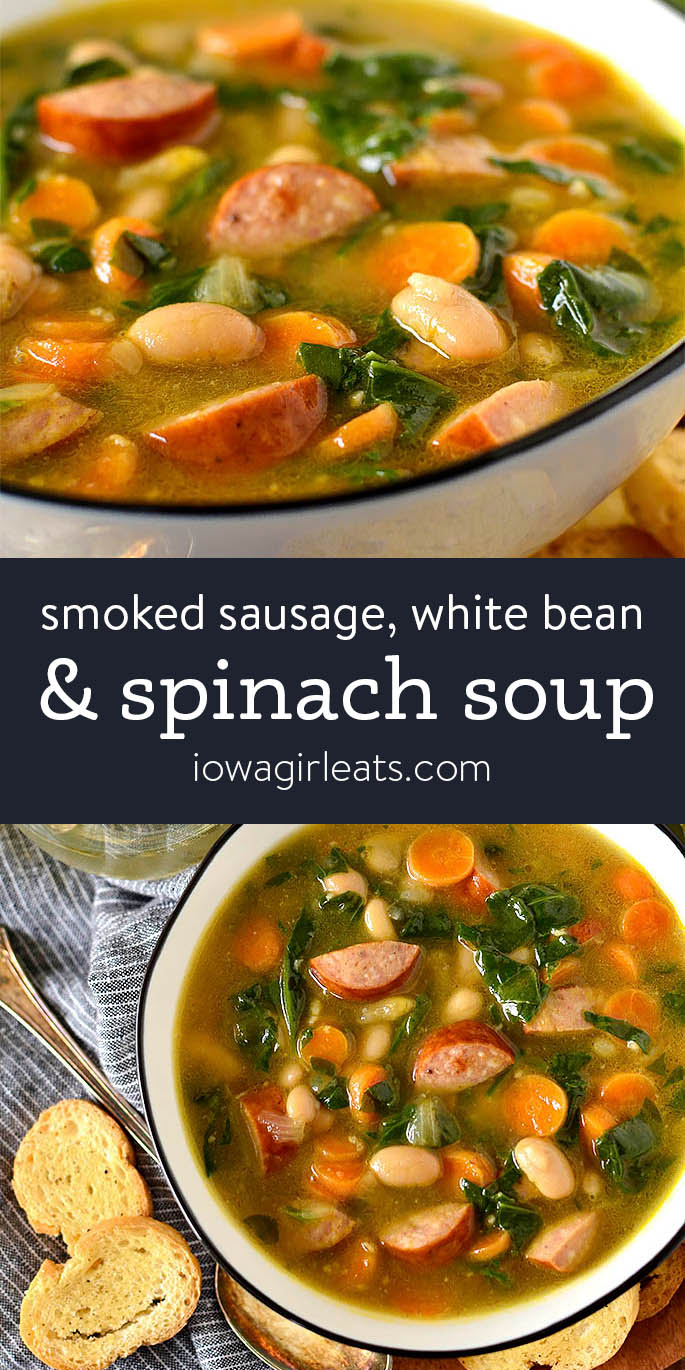 Photo collage of Smoked Sausage, White Bean and Spinach Soup