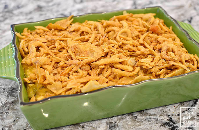 cheesy casserole dish topped with french fried onions