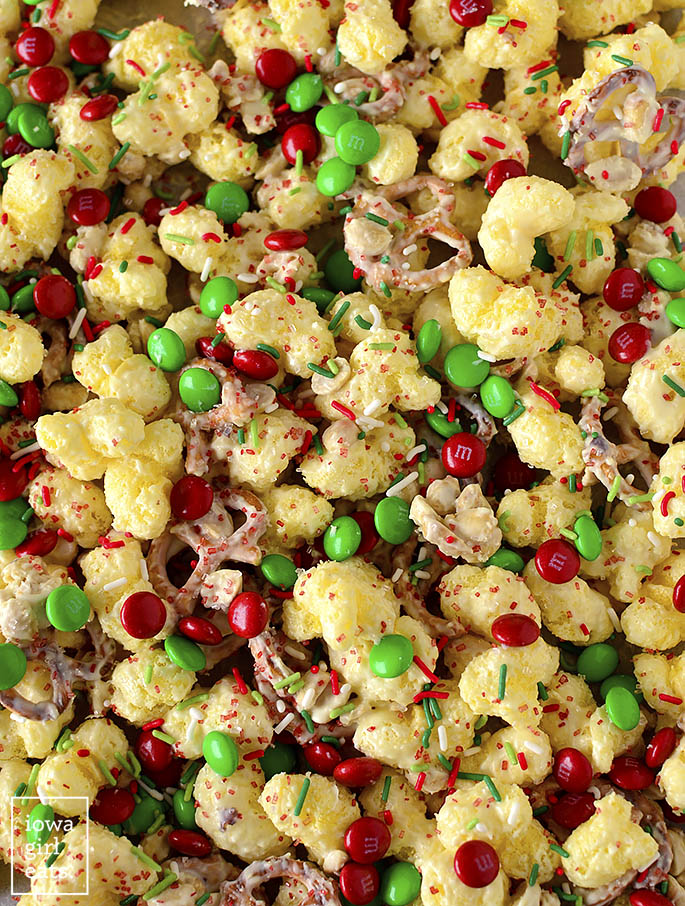 Overhead photo of Christmas munch snack mix