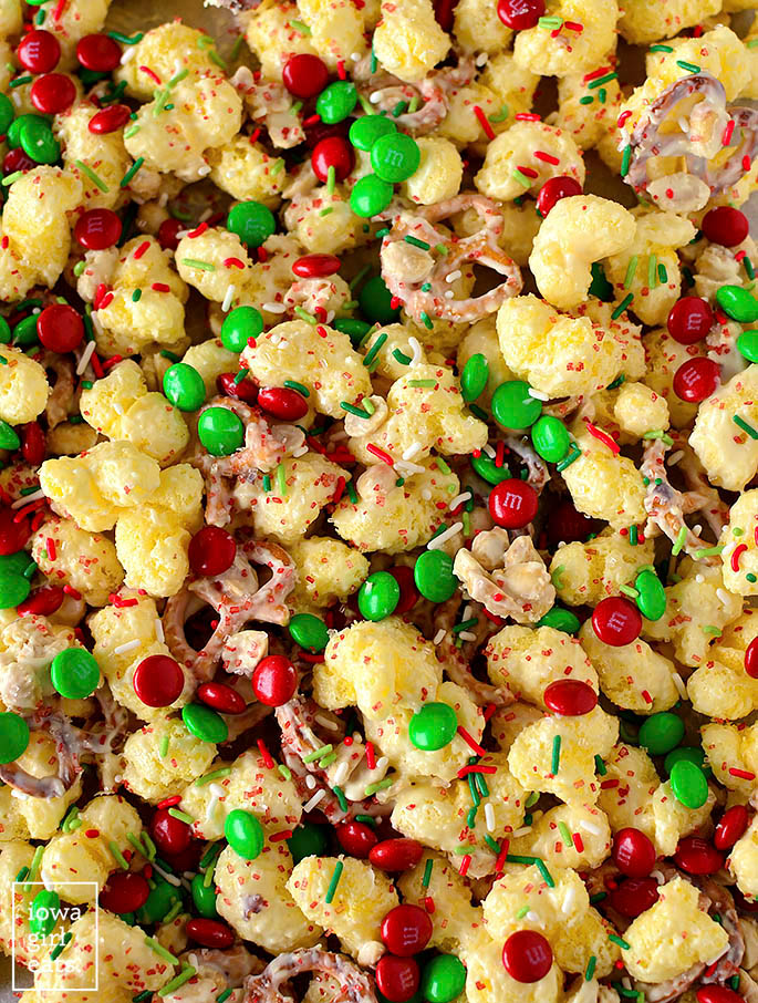 Overhead photo of Christmas munch snack mix spread out on a counter