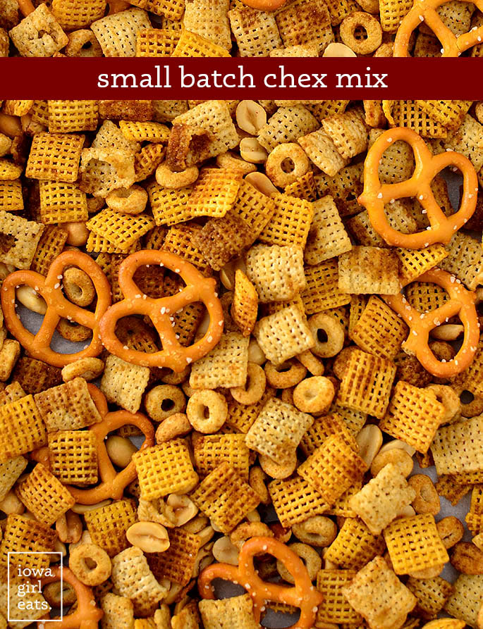 small batch Chex Mix on a baking sheet