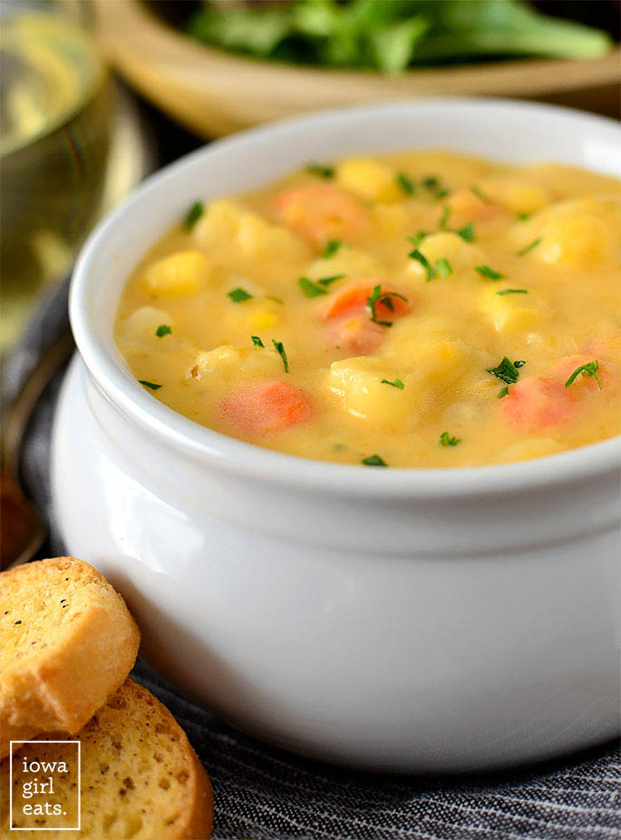 Close up photo of cheesy cauliflower soup