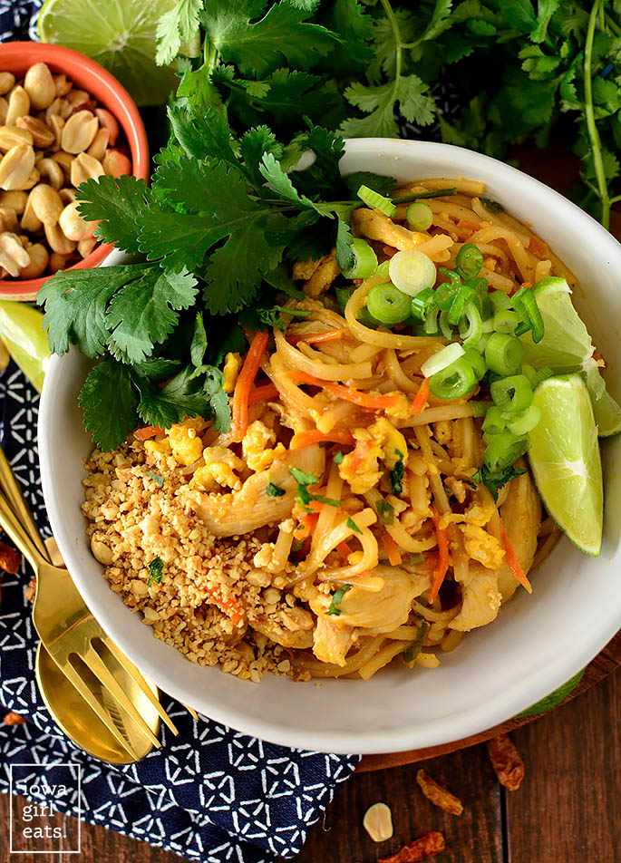 overhead photo of chicken pad thai made without tamarind