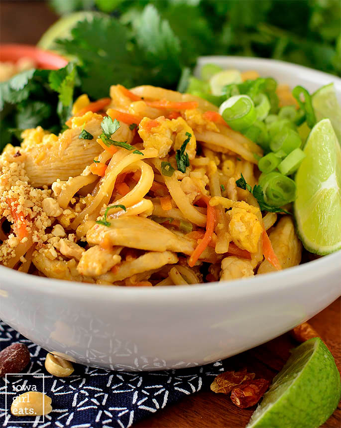close up photo of pad thai in a bowl