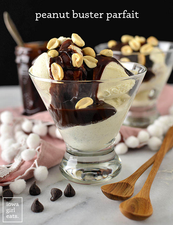Glass dishes with Peanut Buster Parfaits inside
